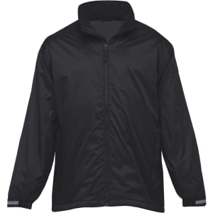 A black manager's jacket featuring a full zip and reflective accents on the sleeves. Includes branding.