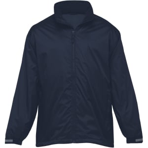 A navy jacket featuring a zip closure and reflective detailing. It has a simple design with no apparent logos.