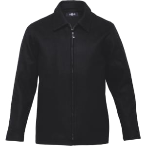 A black Melton wool jacket for men featuring a zip closure and a collared design, suitable for blazers and suit jackets.