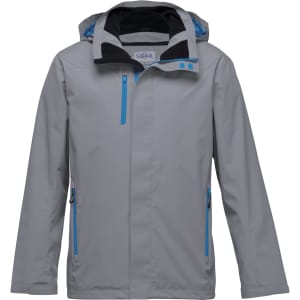 A grey soft shell jacket featuring blue accents and a hood, with multiple zippered pockets and branding.