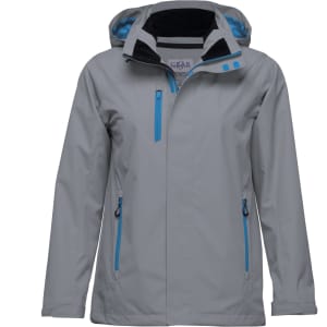 A soft shell jacket in grey with blue accents, featuring a hood and zippered pockets. Includes a logo.