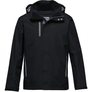 A black soft shell jacket featuring a hood, front zip, and zippered pockets, with reflective detailing and a logo.
