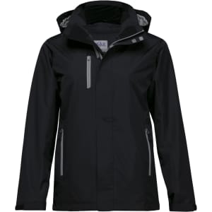 A soft shell jacket in black, featuring a hood and zippered pockets, with a logo on the chest.