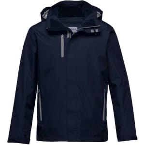 A navy soft shell jacket featuring a hood, front zippers, and reflective detailing, with branding on the inside.