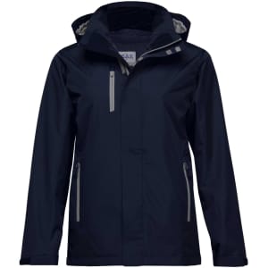 A navy soft shell jacket with a hood, featuring zippered pockets and reflective detailing. It has a logo on the chest.