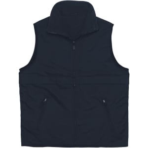 A black nylon vest with a zip front and two side pockets, featuring a high collar and a logo.