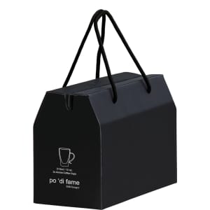 A black gift box with a handle, containing two Aroma Glass Coffee Cups. The box features branding and a simple design.
