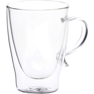 A clear glass coffee cup with a tapered shape and a handle, featuring a distinctive double-wall design.