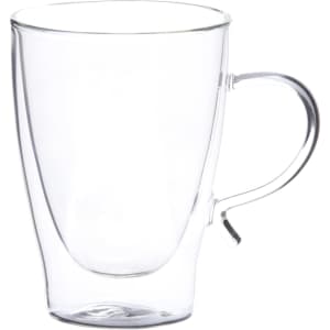 A clear glass coffee cup with a curved design and a handle, showcasing an elegant drinkware style.