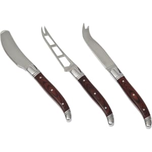 A set of three cheese knives with stainless steel blades and polished wooden handles.