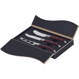 A set of three Bordeaux cheese knives with silver blades and dark wooden handles, packaged in a stylish black box.