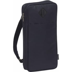 A navy zippered carrying case with a shoulder strap and a front pocket, featuring a black logo.
