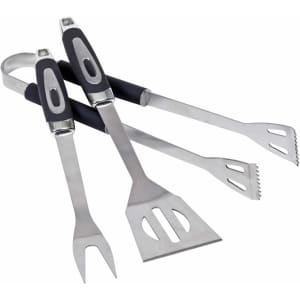 A BBQ grill tool set featuring stainless steel spatula, tongs, and fork with black rubber grips.