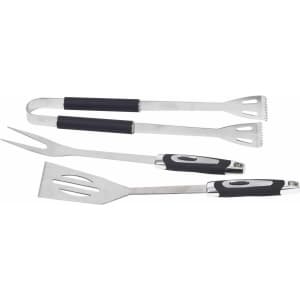 A BBQ grill tool set featuring stainless steel utensils with black rubber grips, including a spatula, fork, tongs, and cleaning brush.