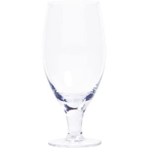 A clear glass beer glass with a tall, elegant shape and a sturdy base.