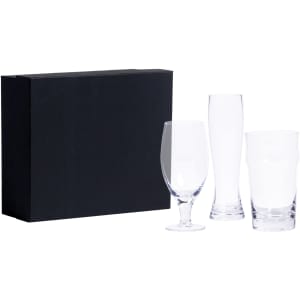 A set of three clear beer glasses in a black box, featuring distinct shapes and sizes for different beer styles.