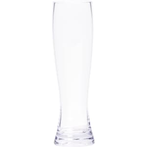A clear glass beer glass with a tall, slender design and a thick base, featuring a logo.