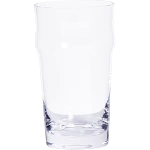 A clear glass beer glass with a tall, straight shape and a solid base, featuring a simple design.