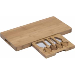 A bamboo cheese board set featuring a wooden board and four stainless steel cheese knives in matching handles.