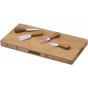 A bamboo cheese board set featuring four stainless steel cheese knives with wooden handles.