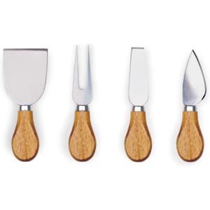A set of four cheese knives with stainless steel blades and wooden handles, suitable for serving cheese.