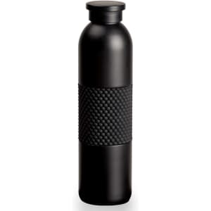 A drink bottle in matte black with a textured black grip band and a matching screw cap.