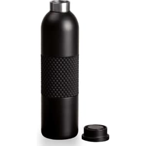 A drink bottle in matte black with a textured grip section and a removable lid. Features a sleek, modern design.