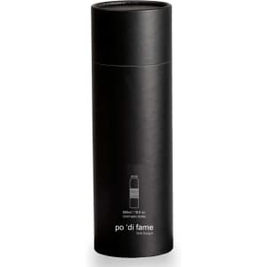 A drink bottle in a sleek black design, featuring a cylindrical shape and a logo on the front.