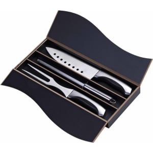 A carving set featuring a knife and fork with stainless steel blades and black handles, presented in a sleek black box.
