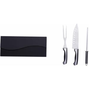 A carving set featuring a chef's knife, carving fork, honing steel, and a sleek black storage box.