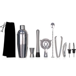 A stainless steel cocktail shaker set featuring a shaker, jigger, strainer, muddler, stirring spoon, corkscrew, tongs, and pour spouts.