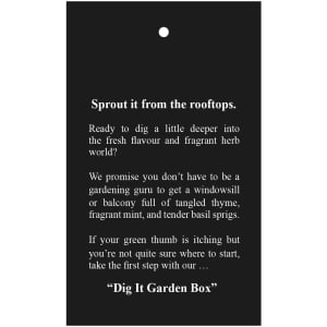 A promotional image featuring the "Dig It Garden Box," with a black background and text about gardening and herbs.