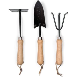 Three garden tools with wooden handles: a hand trowel, a cultivator, and a rake, featuring black metal heads.