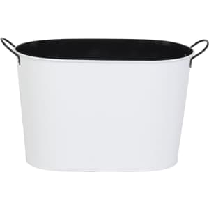 A white ice bucket with a black interior and metal handles for easy carrying.