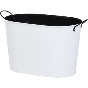 A white oval ice bucket with a black interior and two metal handles.