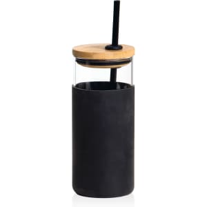 A drink bottle featuring a clear glass body, a black silicone sleeve, a bamboo lid, and a black straw.