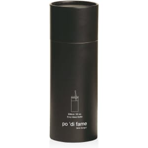 A drink bottle with a sleek black design, featuring a cylindrical shape and a straw. It has a logo on the body.