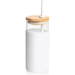 A drink bottle in white glass with a bamboo lid and a straw. Features a simple, modern design.