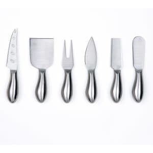 A set of six stainless steel cheese knives with polished handles, including various styles for cutting and serving cheese.