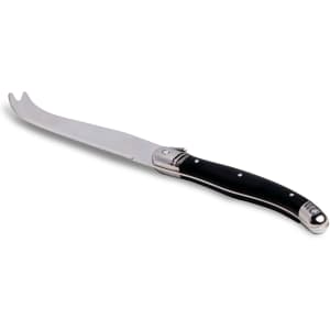 A Fetta cheese knife with a stainless steel blade and a black handle, featuring a logo on the bolster.