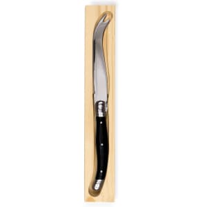 A Fetta cheese knife with a curved stainless steel blade and a black handle, displayed on a wooden base.