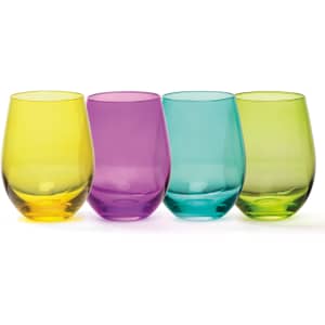 A set of four wine glasses in yellow, purple, turquoise, and green, featuring a smooth, curved design.
