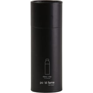 A drink bottle presented in a cylindrical black packaging. The bottle is transparent and has a black lid.