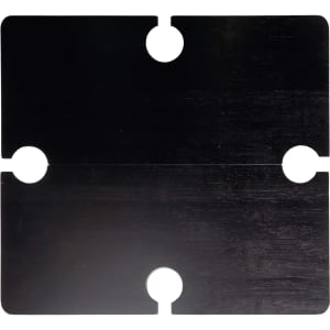 A black table top with two circular cutouts, featuring a smooth surface and rectangular shape. Brand logo present.