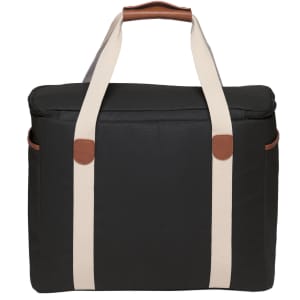 A black cooler bag with cream straps and a brown handle, featuring a zip closure and a logo.