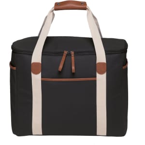 A black cooler bag with cream straps and a brown handle, featuring a zip closure and a front pocket.