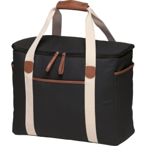 A black cooler bag with tan accents and two carrying straps, featuring front zip and pocket details.