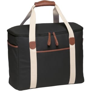A black cooler bag with beige straps and a brown leather handle, featuring a front pocket and a zip closure.
