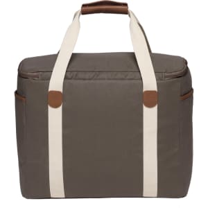 A cooler bag in khaki green with cream straps and a brown handle, featuring side pockets and a logo.
