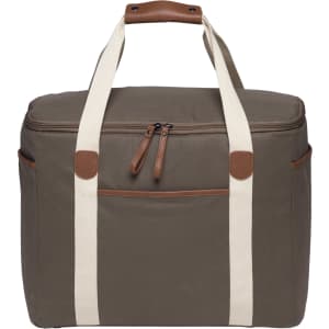 A brown cooler bag with cream handles and a zippered top, featuring a front pocket and a branded logo.
